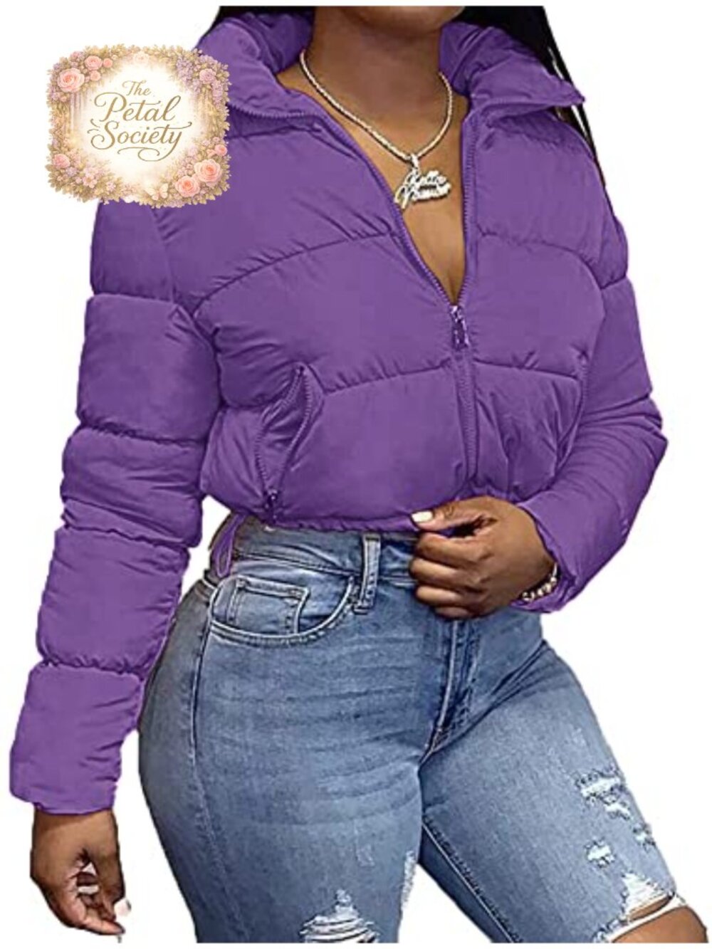 Cropped Lightweight Quilted Jacket Full Zip Warm Coat Stand Collar